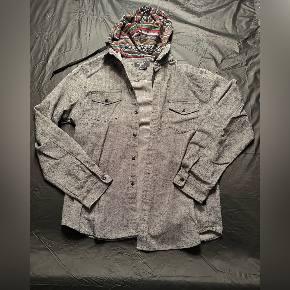 Large Gray Button Up Jacket with Multicolored Hood